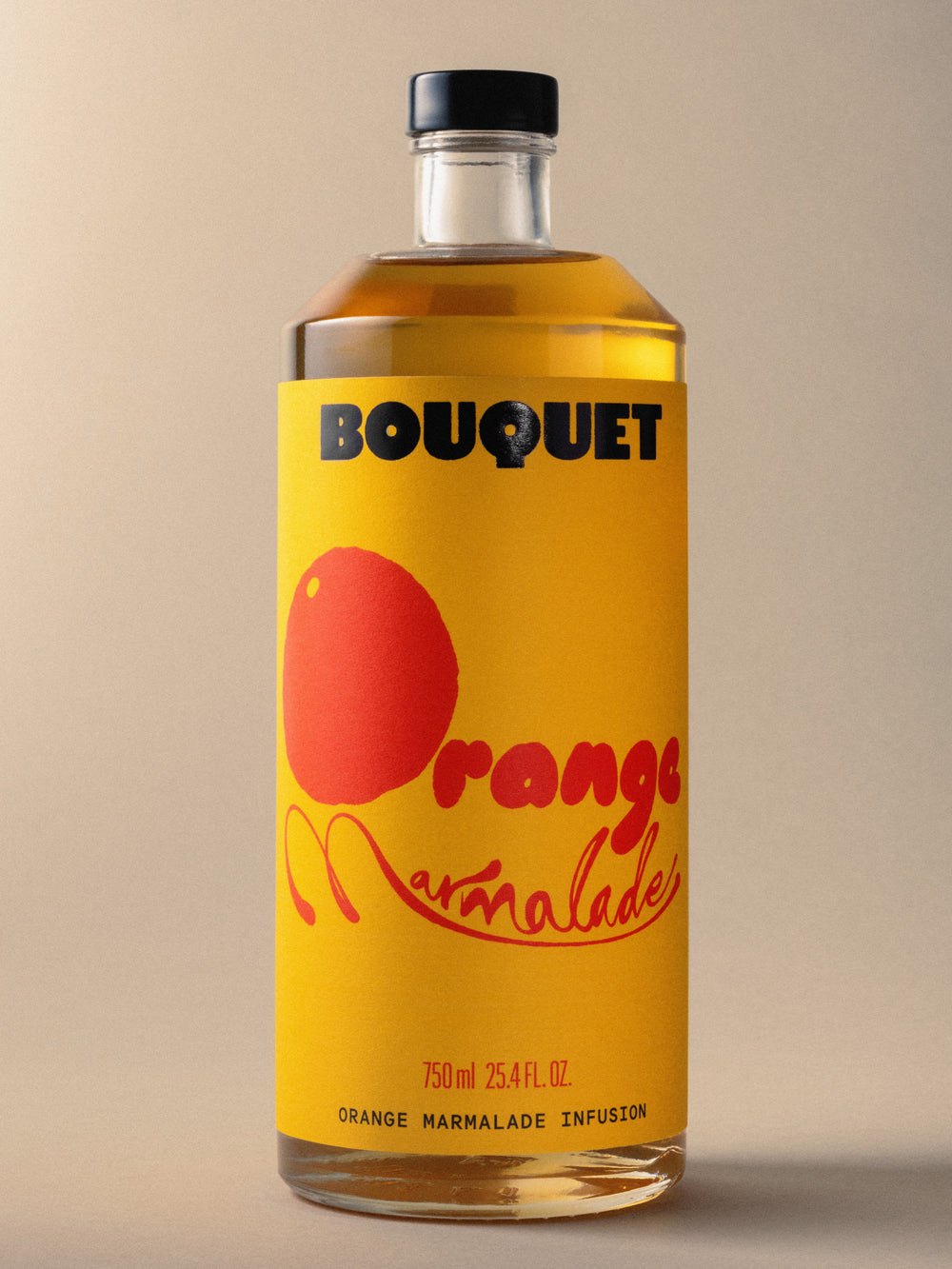Bottle of Bouquet Orange Marmalade infusion with a bright yellow label, bold black BOUQUET logo, and large red orange graphic. Text reads ‘Orange Marmalade’ in playful red script. 750 ml (25.4 fl oz).